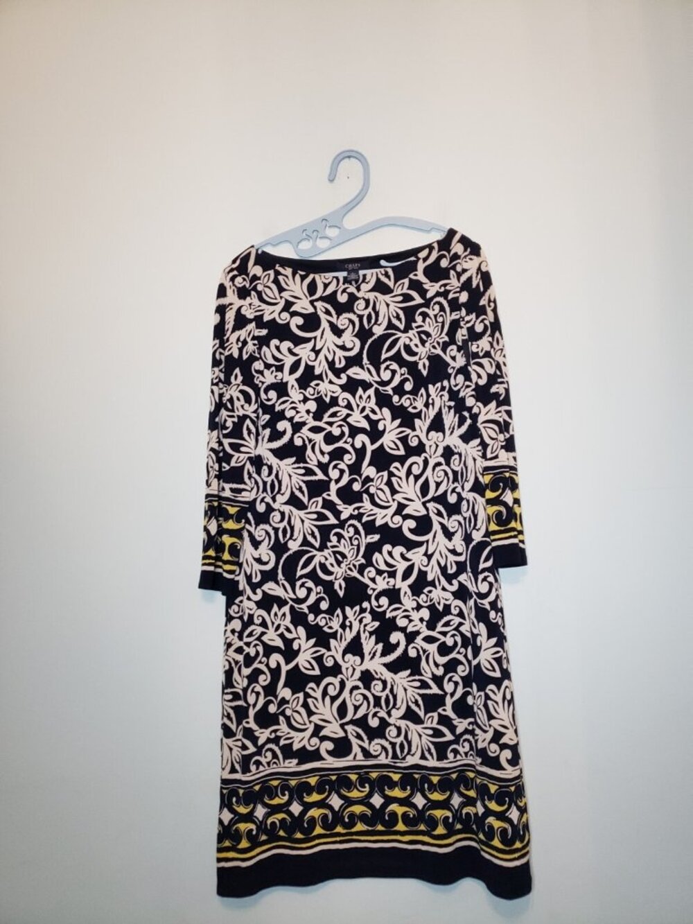 Chaps Womens L Boho Floral Shift Dress Navy Blue Boat Neck Office Stretchy